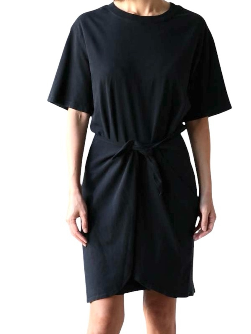 Xirena Emme Black Tie-Waist Short Sleeve T-shirt Dress L 100% Cotton Jersey